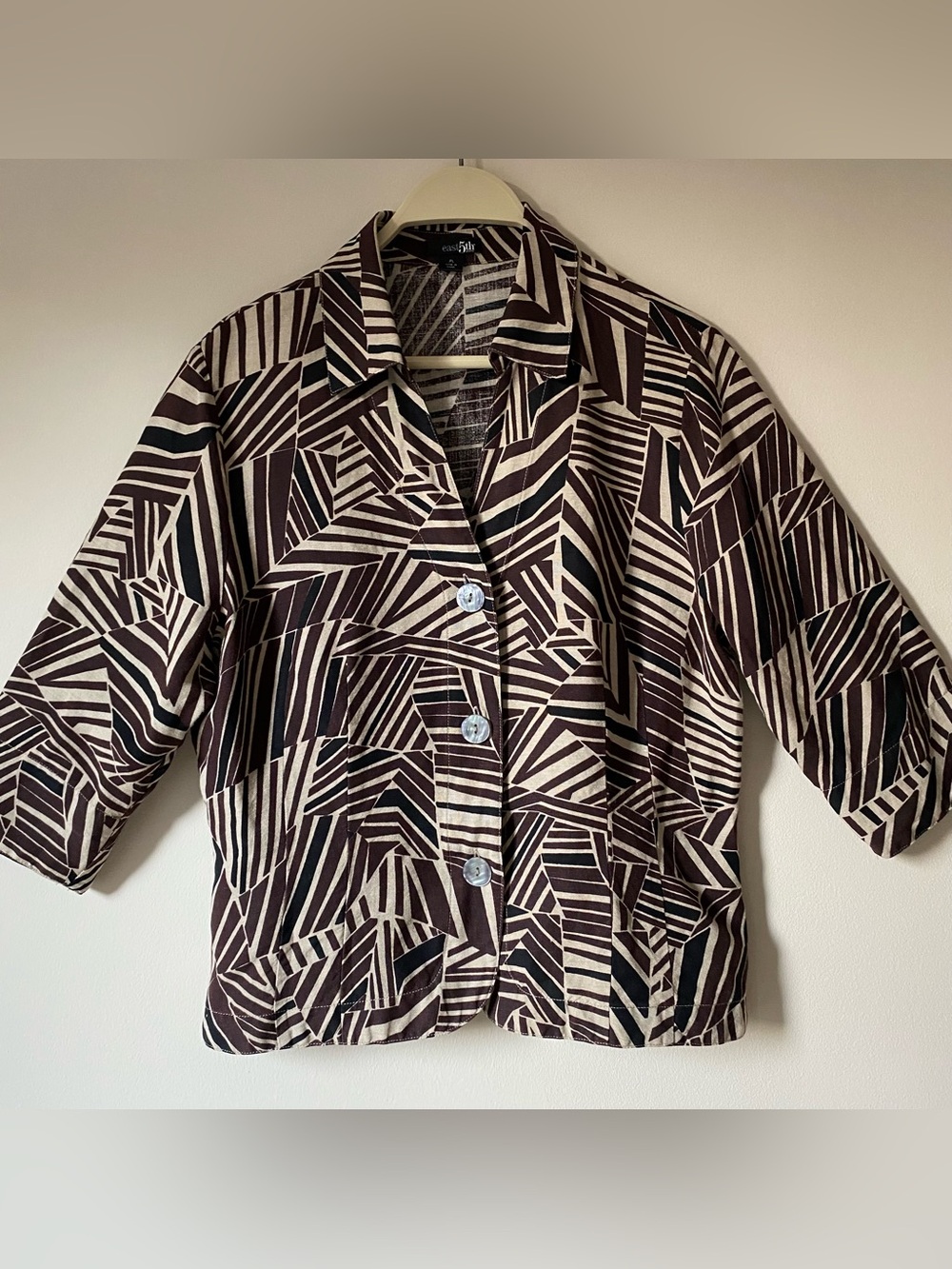 Geometric Mosaic Print Linen Blend Jacket Mid Century Modern Brown Black Size PL